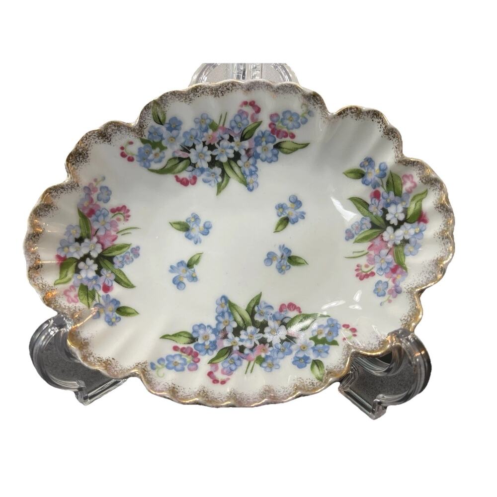 Vintage Hand Painted Dish Royal Crown Japan Blue Forget Me Nots Gold Rim Cottage